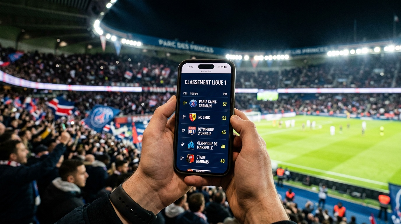 Vue POV au Parc des Princes avec classement Ligue 1 sur iPhone